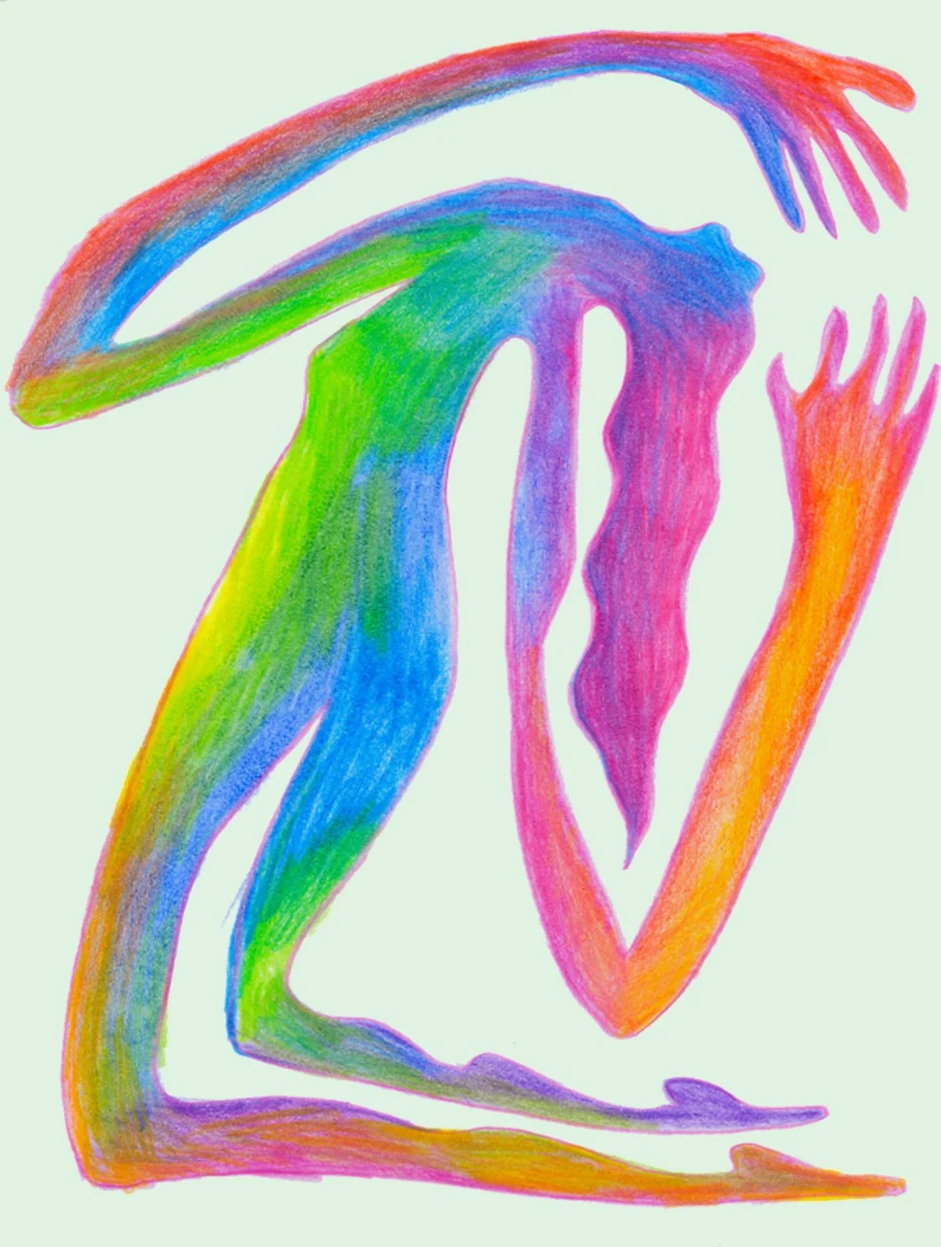 Drawing of a rainbow-colored figure crouching